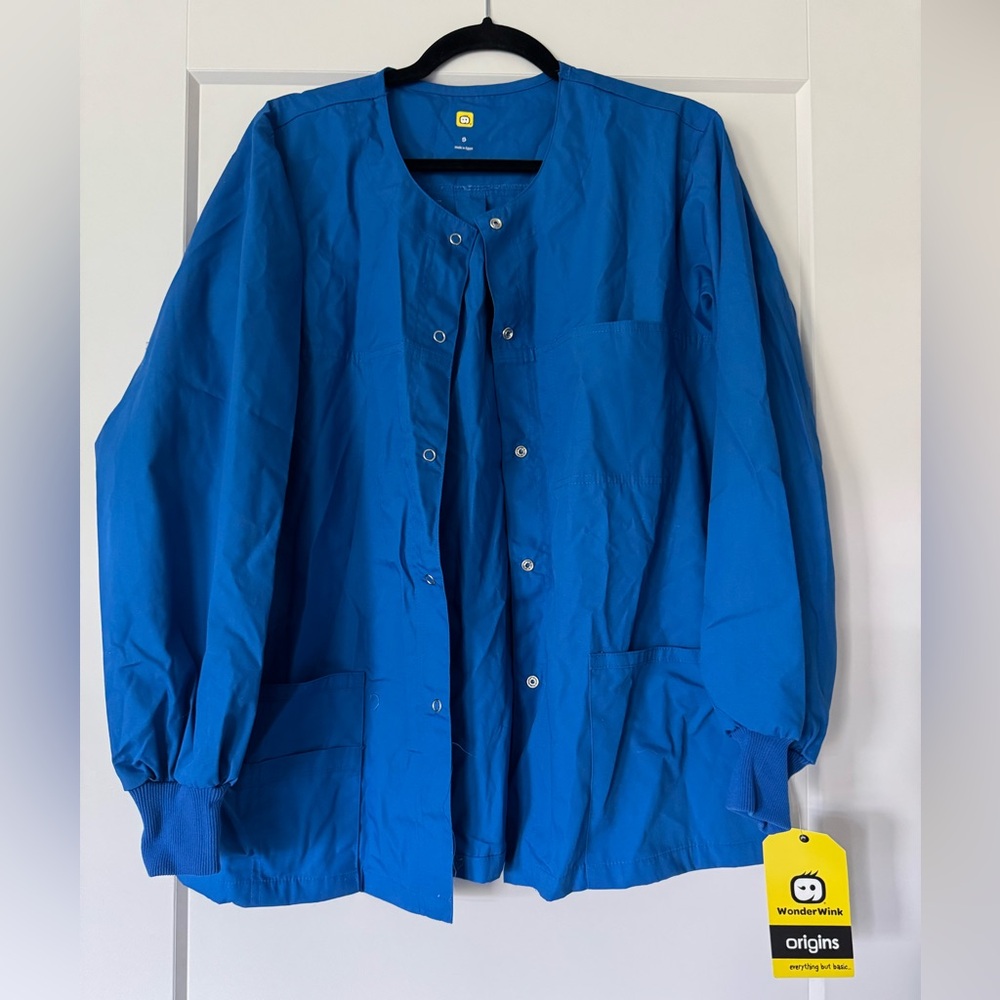 NWT WonderWink Royal Blue Scrub Jacket Top Snap Front Pockets Size S